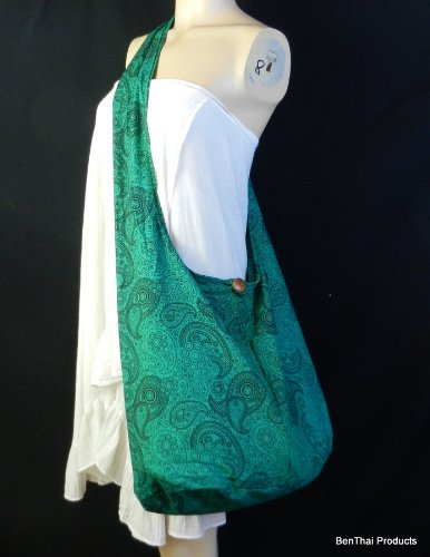 BTP! Thai Cotton Hippie Hobo Sling Crossbody Bag eco Friendly Shopping bag Paisley Print Large - color: Emerald Green Pl27