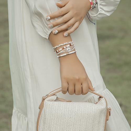 FANCY SHINY Boho Nautical Compass String Bracelets Beaded Clay Beads Bracelet Stackable Friendship Bracelets Summer Beach Outfits for Women Girls - color: Sand