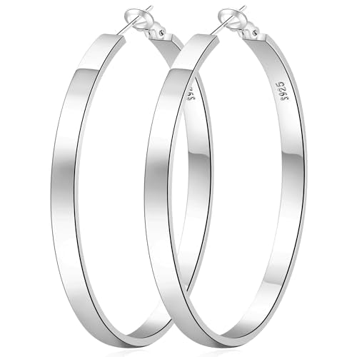 EXGOX Silver Hoop Earrings for Women - Sterling Silver & 14K Gold Plated - Hypoallergenic 925 Silver - Big Hoop Earrings (30/40/50/60/70mm) - color: 4MM Wide-Silver 60mm