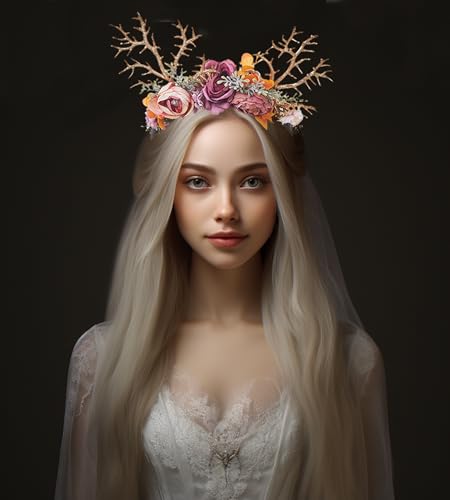 Vivivalue Deer Antler Hair Band with Flowers Flower Headband for Cosplay Costume Party - color: 8