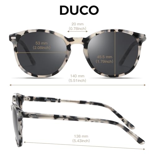 DUCO Women's Trendy Retro Round Acetate Polarized Sunglasses, UV400 99% Glare Block, Lightweight for Daily & Outdoor - color: 8. Black Tortoise Frame Grey Lens