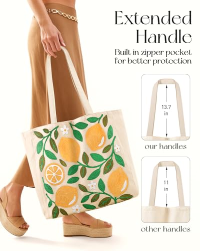 Miss Adola Embroidery Tote Bag with Pocket & Buckle - Reusable Canvas Tote for Women Cute Aesthetic Work Shopping Grocery Bag - style: Lemon