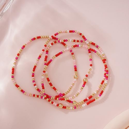 Boho 4Pcs Stack Colorful Small Seed Beaded Bracelets Set for Women, Cute Handmade Dainty Trendy Gold Plated Stretch Accessories Thin Glass Jewelry, Summer Daily Party Friendship Gift - color: Pink Red