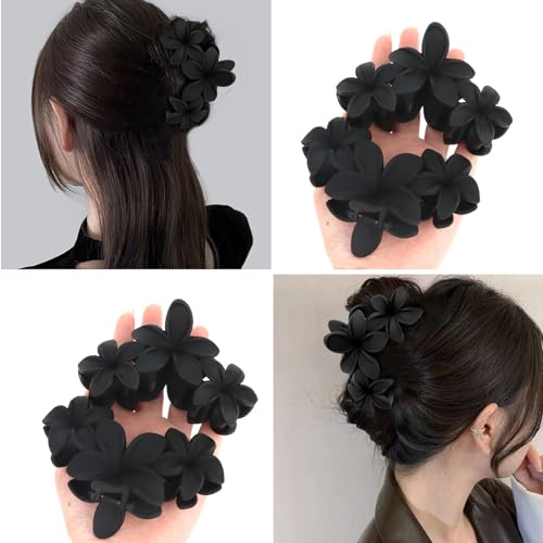 4PCS Matte Flower Hair Clips - Non-Slip Large Plumeria Clips for Thick Hair, Strong Hold for Women and Girls (Black) - color: black
