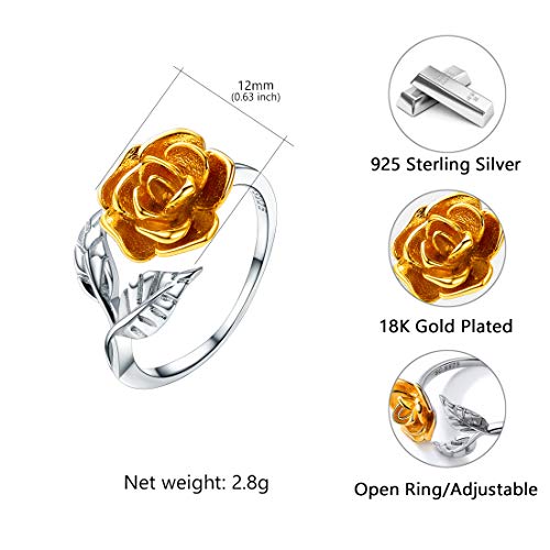 U7 Rose Flower Ring, Stackable Band Ring for Women Girls, Platinum Silver/Gold/Rose Gold Red Signet Rings Adjustable Fit Size 5 to 10 - color: Yellow Rose-925 Silver