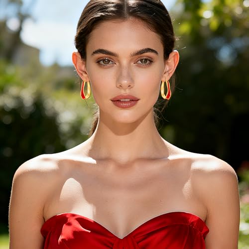 Chunky Hoop Earrings for Women Thick Minimalist Geometric Huggie Hoop Earrings Dainty Thick Y2K Preppy Earrings - style: irregular wave red