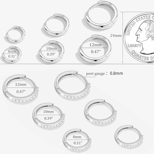 Cocadant 6 Pairs 925 Sterling Silver Small Hoop Earrings for Women,14k Real Gold Hypoallergenic Tiny Cubic Zirconia Cartilage Huggie Earring Sets for Multiple Piercing Trendy Jewelry 8/10/12mm - color: 6 Pairs Silver,8mm 10mm 12mm