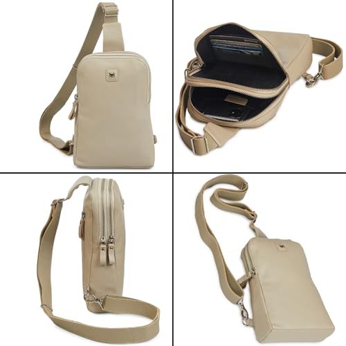 Leather Sling Bag for Women Genuine Crossbody Purse Small Trendy Cross Over Chest with Phone and Credit Card Slots (Beige Nappa) - color: Beige Nappa