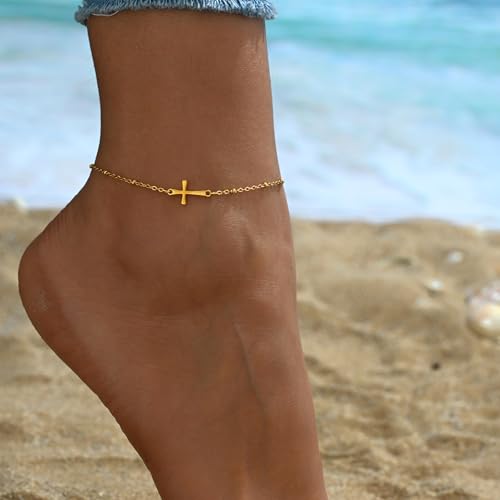 Cross Anklets for Women, 18K Gold Plated Dainty Ankle Bracelets with Colorful Beads Pearl Anklet, Adjustable Religious Christian Satellite Cross Chain, Waterproof Boho Summer Beach Jewelry - style: Satellite Cross-Gold