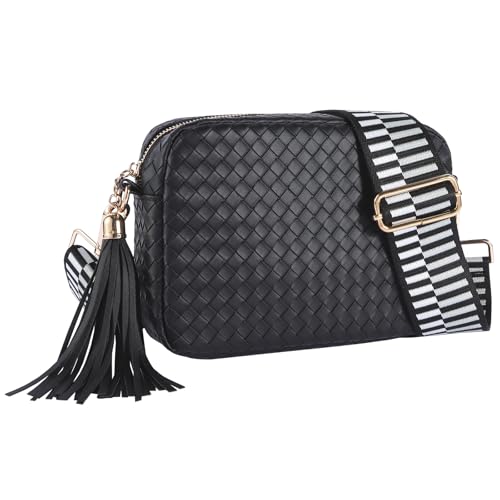 Woven Crossbody Bag Small Crossbody Bags for Women Leather Purse Trendy Boho Shoulder Bag for Women - color: Black