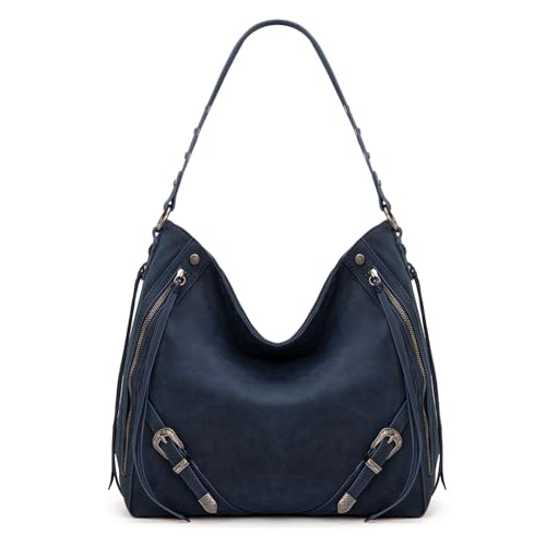 Wrangler Large Hobo Purses and Handbags for Women with Buckle and Fringe Zipper Faux Suede Shoulder Bag - color: Navy
