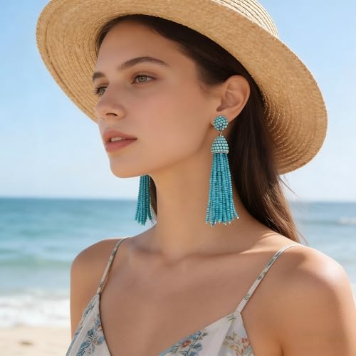 NLCAC Women's Beaded tassel earrings Long Fringe Drop Earrings Dangle 6 Colors - color: turquoise