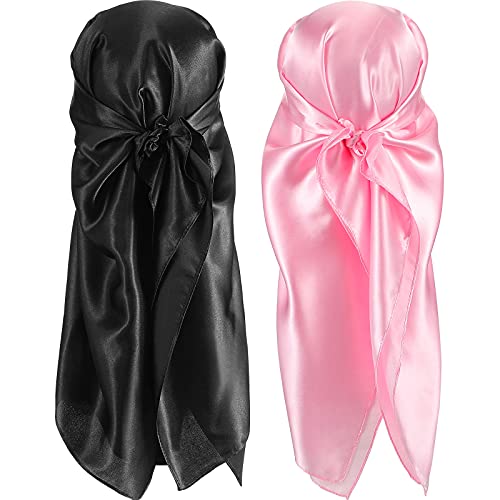 SATINIOR 35 Inch Silky Head Scarf 2 Pcs Large Square Neck Scarf Sleeping Hair Wrapping Satin Bandana for Women - color: Pink, Black, style: Classic