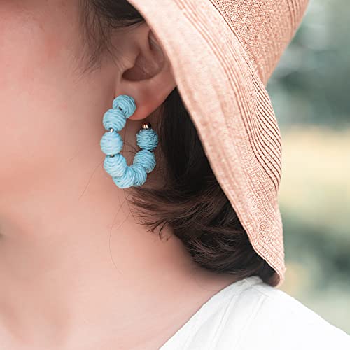 Raffia Hoop Earrings Statement Boho Beaded Earrings Cute Rattan Handmade Colorful Jewelry for Women Unique Summer Outfits - color: Light Blue