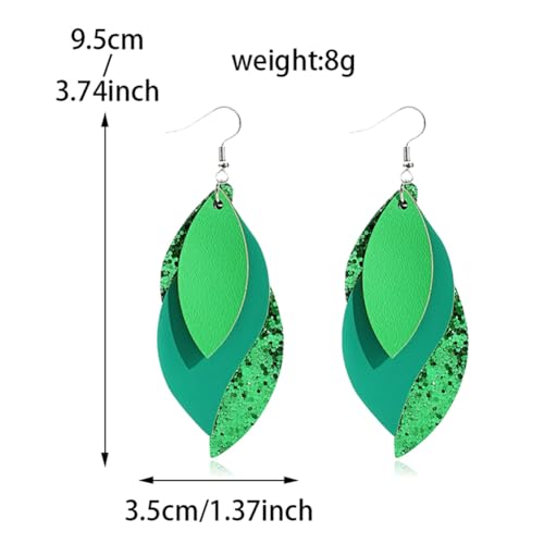 ANXIN boho unique Leather Earrings 2 Layered Lightweight Faux Leather Leaf Earrings Layered Design Drop Earrings Gift for Women - color: Green