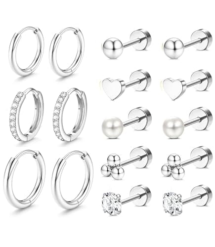 Incaton Hypoallergenic Flat Back Earrings for Women Silver 14K Gold Plated Surgical Stainless Steel Stud Earrings Cubic Zirconia Cartilage Studs Earrings For Multiple Piercing Sensitive Ears - color: I-Silver