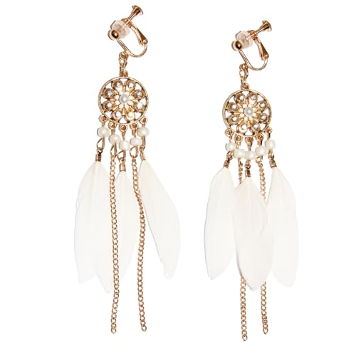 Clip on Tassel Dangle Earrings for Boho Women, Non Pierced, Colorful Feather Handmade Beads Fashion Vintage Fringe Jewelry for Parties Weddings Festivals Trendy Statement Earrings for Bohemian - color: White B