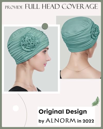 Alnorm Flower Design Chemo Hair Loss Caps Cancer Headwear for Women - color: Grass Green