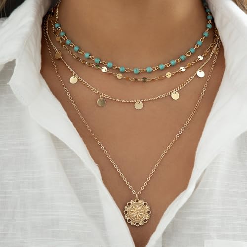 Layered Boho Necklace for Women Turquoise Stackable Sequin Coin Pendant Necklace Charm Toggle Clasp Beaded Chain Beach Prom Dresses Accessories - color: Gold-Sun