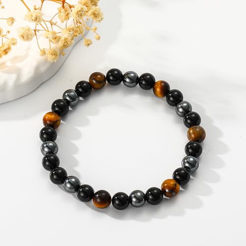 Gnamy Healing Crystal Bracelet for Women, Natural Stone Beaded Healing Crystal Bracelet Triple Protection Stress Relief Beads Jewelry Birthday Gifts Jewelry for Her - style: Triple Protection