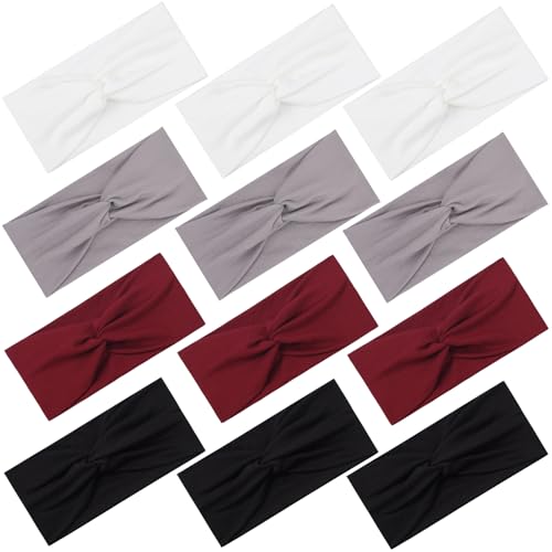 12 Pcs Stretchy Headbands for Women, Absorbed Sport Headband Soft Twist Knotted Hairbands for Daily Life Yoga Workout(Black/Grey/White/Red) - color: Black/Grey/White/Red