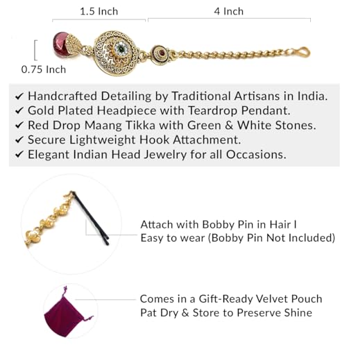 Duel On Jewel Indian Ethnic Jewelry Bundle for Women, Gold Plated Bell Anklet Payal Set with Teardrop Charms and Traditional Maang Tikka Headpiece, Bridal Festive Boho Wedding Dance Accessories