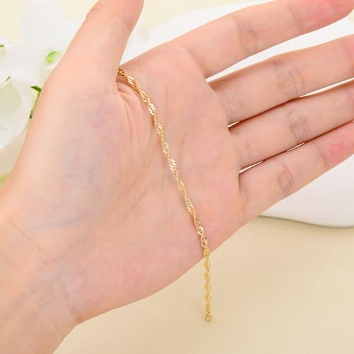 14K Yellow Gold 6-13 Inch 1.2mm-3.2mm Chain Bracelet Anklet for Women, Cuban Link Curb/Rope/Paper Clip/Round Snake/Herringbone/Bead/Water Wave, Thin Gold Chain Bracelet Durable Strong Real 14k Gold Chain Bracelet Anklet - color: 2.4mm Water Wave, size: 10