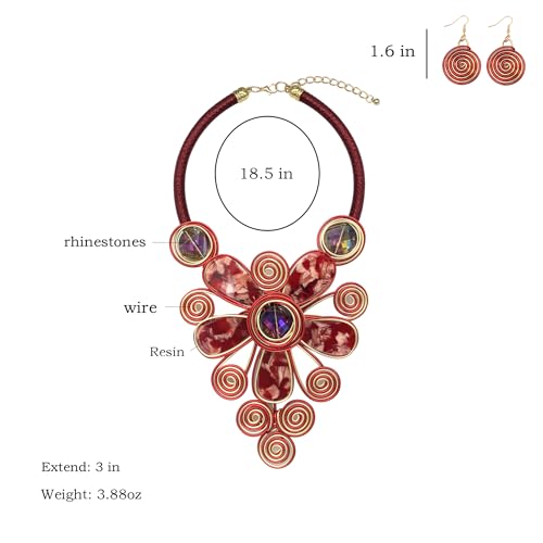 Statement African Necklace For Women African Jewelry Costume Earring Sets Tribal Fashion Colorful Big Rhinestone Crystal Pendent Collar Choker Bold Chunky Bib Handmade - color: E red