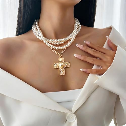 Chunky Cross Necklace for Women Chunky Gold Necklace Statement Cross Pendant Vintage Toggle Clasp Necklace Jewelry for Women - color: G1-Gold Cross Necklace