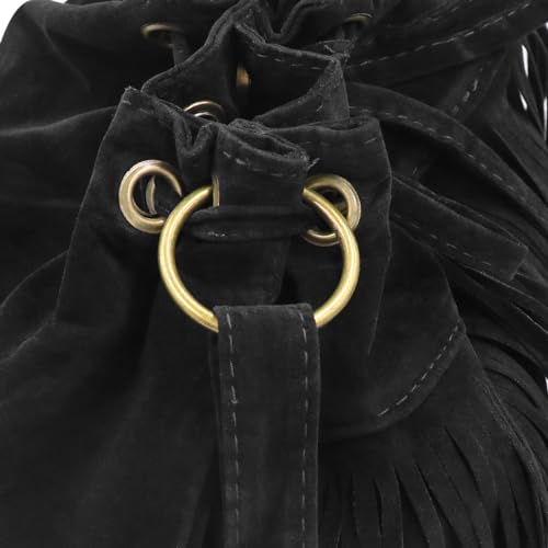 Fringe Hobo Purse Bags for Women Crossbody Purses with Drawstring Ladies Tassel Tote Shoulder Bucket Handbags,Black - color: Black(barrel Shape)