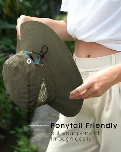 FURTALK Womens Sun Hat with Ponytail Hole Beach Hiking Summer Wide Brim UPF 50+ Outdoor Protection Foldable Bucket Hat - color: Green