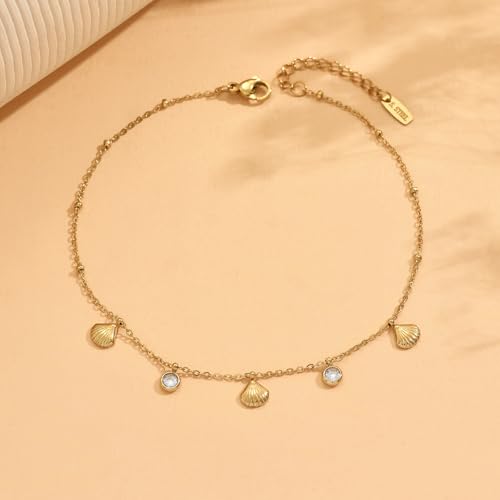 Gold Ankle Bracelets for Women 18K Gold Plated Waterproof Starfish Sea Shell Pearls CZ Diamond Dangle Anklets Trendy Summer Beach Foot Chain Jewelry Gift - style: Shell CZ Drop-Gold