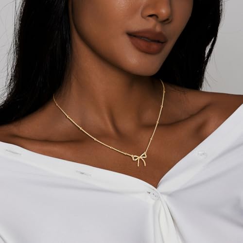 OGD Gold Necklace for Women, Bow Necklace 14K Layered Gold Necklace Dainty Bow Pendant Choker Necklace Trendy Bow Necklace Gold Chain Necklaces for Women Jewelry Gift - color: Beaded Bow-Gold