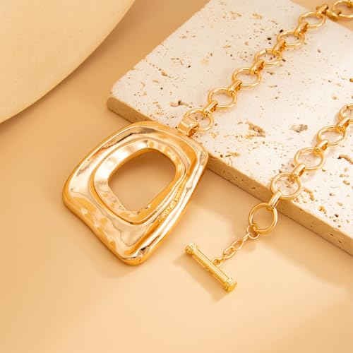 Chunky Gold Large Hollow Square Pendant Long Rope Necklaces for Women, Boho Big Silver Ethnic Style Necklace Statement Party Festival Jewelry Gifts - color: Gold Chunky