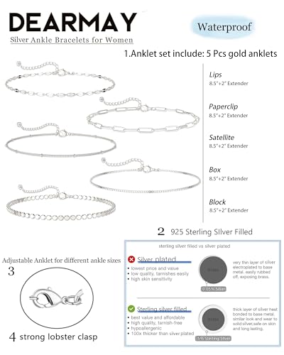 DEARMAY 14K Gold Plated Ankle Bracelets for Women Waterproof - Dainty 6Pcs Anklets Layered Cuban Link Chain Herringbone Cute Anklets Set Pack Summer Beach Jewelry Gift for Women Teen - color: Silver Anklet C