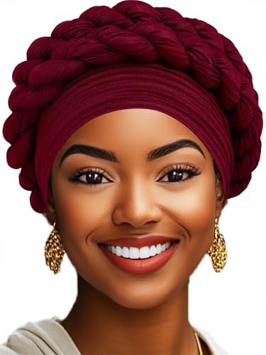 Woeoe Women African Turbans Pre-Tied Twisted Grey Hat Rhinestone Stretchy Head Wrap for Church Party - color: Claret