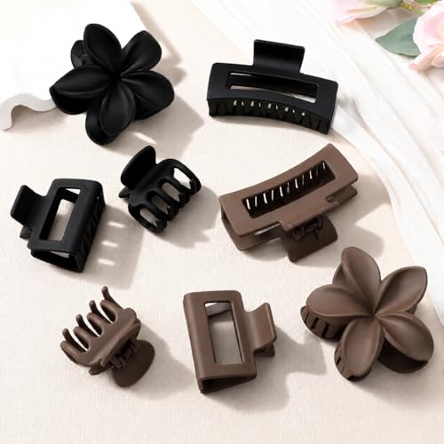 8 Pcs Neutral Matte Hair Claw Clips Set, Strong Hold Non-Slip Jaw Clips for Women Girls, Rectangle & Flower Design Hair Clips for Thick/Thin Hair, Daily & Styling Accessories（Black） - color: Black