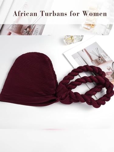Woeoe Women African Turbans Pre-Tied Twisted Grey Hat Rhinestone Stretchy Head Wrap for Church Party - color: Claret