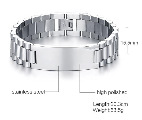Custom Mens Bracelet Personalized Watch Band Engraved Name Bracelets for Men Customized ID Cuff Wristband Gift for Dad Husband - style: Silver - 1.5cm
