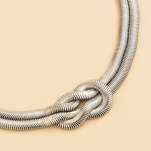 PLOUTOS Chunky Gold Knot Choker Necklace for Women Adjustable Double Snake Chain Design Bold Statement Fashion Jewelry Accessory For Party Daily Wear Gift - color: Silver