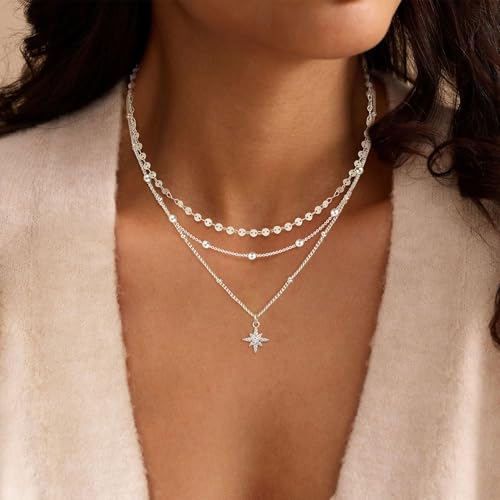 XIXINI Layered Necklaces for Women, Dainty Gold Necklace Stack 14k Gold Plated Layering Beads Choker Pendant Necklace Set Simple Statement Gold Necklaces for Women Trendy Fashion Gold Jewelry Sets - color: 3layered star necklaces-Silver