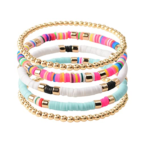 GOOJIDS Surfer Heishi Clay Bead Bracelets for Women Bohemian Stackable Gold Plated Beaded Stretch Bracelets Elastic Layering Friendship Bracelets Set Boho Jewelry - color: C-White 5pcs