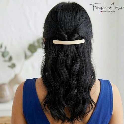French Amie Long and Skinny Bar Solid Ivory Large 4 1/4" Celluloid Acetate Handmade Automatic Hair Clips Hair Barrette with No Slip Sturdy Silver Clasp for Women and Girls, Made in France (Ivory) - color: Ivory