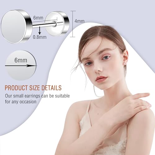 ZDE Women Earrings Flat Back Dot Earrings Titanium Hypoallergenic Cartilage Non-Nickel Earrings Studs for Sensitive Ears Simple Classic 3mm/4mm/5mm/6mm Screw On Stud Earring - color: Silver, size: 6MM