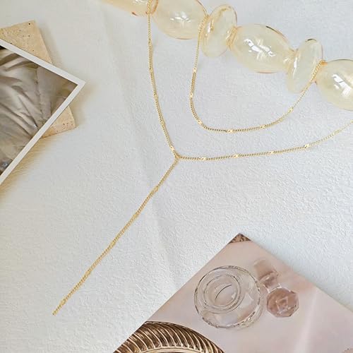 HAXIYA Lariat Gold Necklace for Women Dainty Long Necklace 14K Gold Plated/Silver Y-Shaped Pendant Drop Chain Layered Pearl/Beaded/CZ Necklaces Gold Jewelry Gift for Prom/Wedding - style: Sequin - Gold