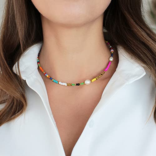 Wellike Freshwater Pearl Beaded Necklace for Women Handmade Boho Colorful Glass Beads Choker Necklace Stainless Steel 18K Gold Plated Bohemian Women Summer Jewelry Gifts - color: KKWX921AMZ