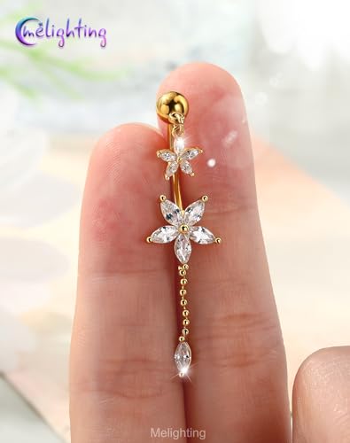 Melighting 14G Lotus Belly Button Ring, Dangle Belly Ring Surgical Steel 316L, Reverse Navel Piercing Jewelry, 10 mm Silver Flower Body Jewellery for Women - style: Gold Lotus