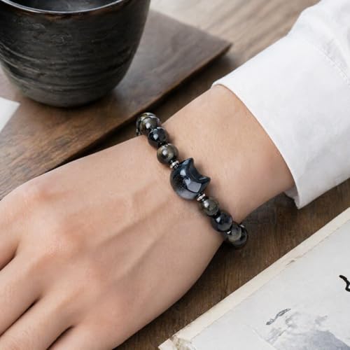 Beaded Bracelets for Women, Black Obsidian Money Attraction Bracelet, 8mm Healing Relax Anxiety Luck Crystal Bead Bracelets, Adjustable Jewelry Feng Shui Stretch Bracelet Cat Lover Gifts for Women Men - color: Black Cat