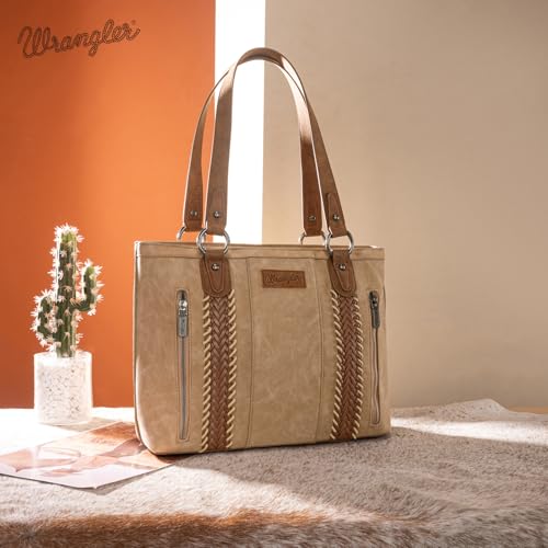 Wrangler Multi Pockets Tote Bag for Women Western Braided Shoulder Bag with Large Capacity for Everyday - color: Rtero-tan