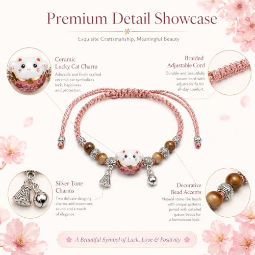 Lucky Cat Bracelet For Women, Feng Shui Good Luck Cat Jewelry with Ceramic Cat Charm, Lightweight Protection Bracelet for Daily Wear or Work,Meaningful Gift for Women Valentine's Day&Birthday